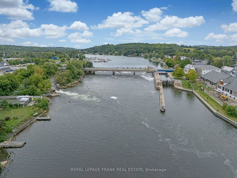 Aerial down the Trent River toward Lock 18, the Hastings bridge and marina