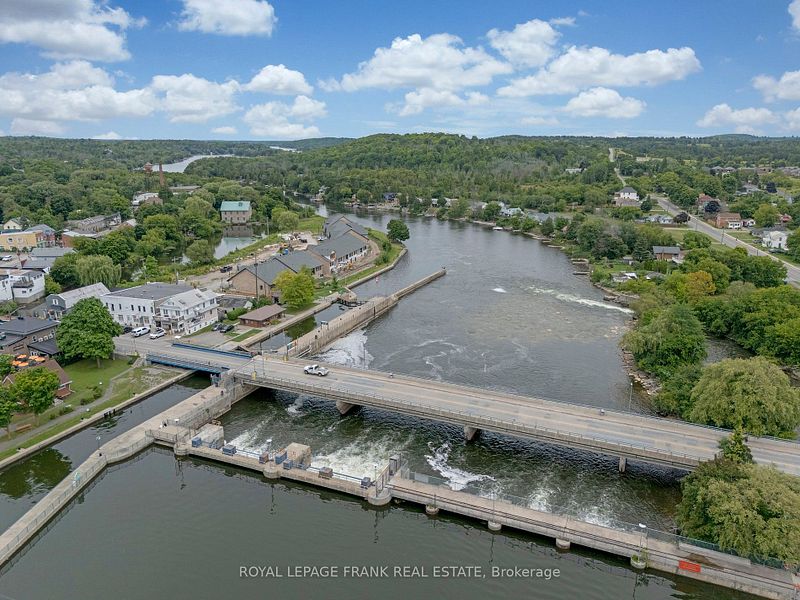 Aerial over the Hastings dam and bridge with Lock Eighteen beyond