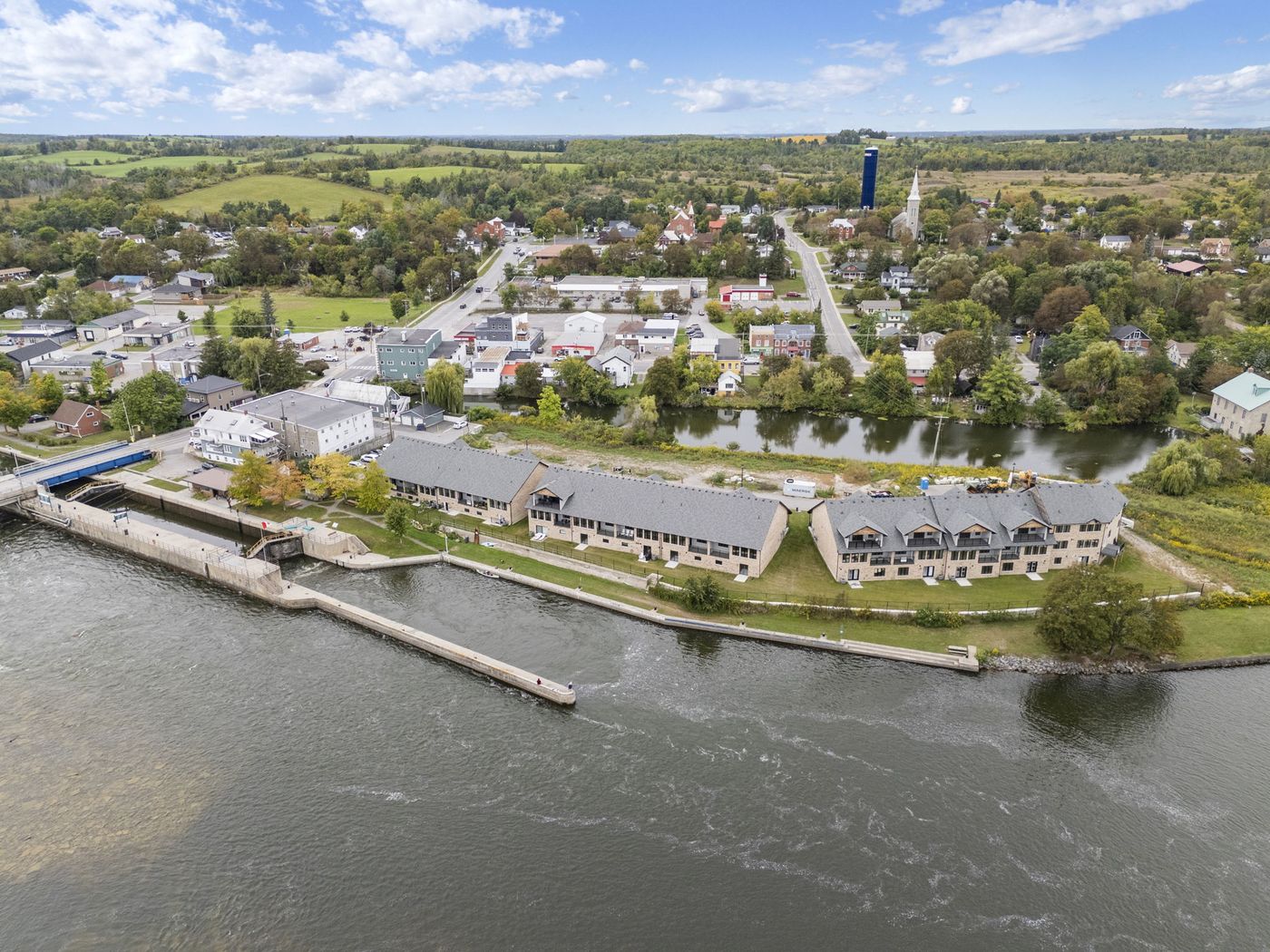 Aerial view of Lock Eighteen townhomes along the Trent River
